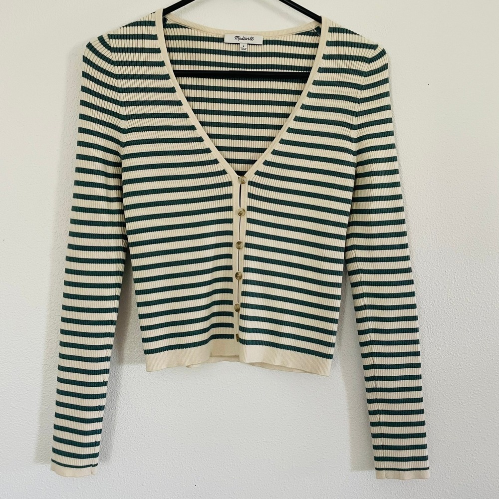 SOLD-Madewell Cardigan Sweater Green Cream Striped Ribbed V-Neck Womens Small
